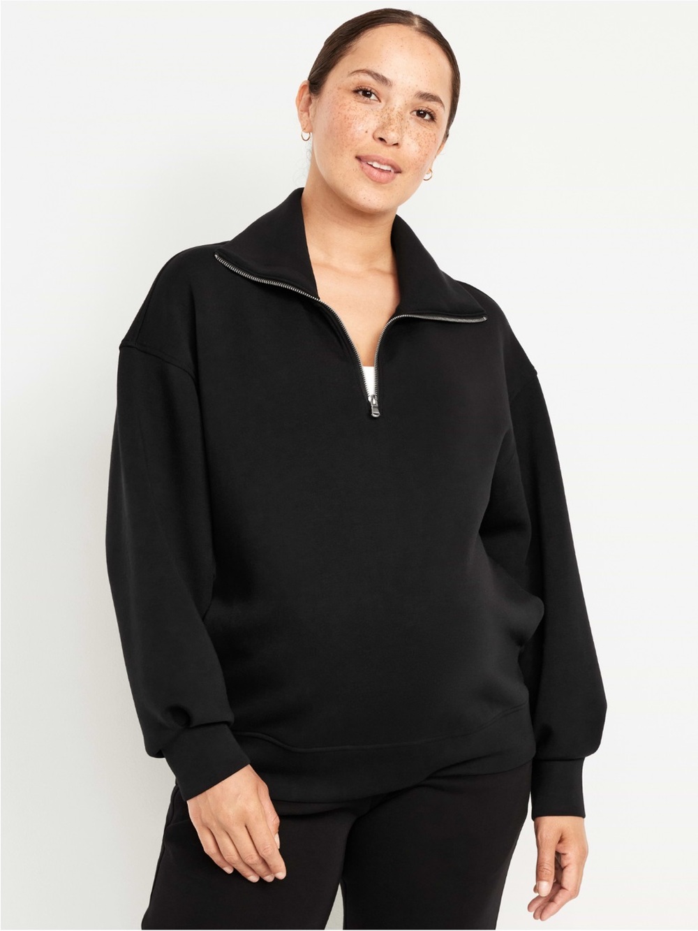 Black Half-Zip Bounce Fleece Pullover Sweatshirt - 1/4 Zip Women Maternity Top